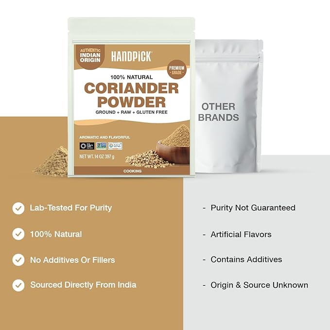 HANDPICK Coriander Powder (14oz) 100% Natural Ground Coriander | Premium Quality and High Value | Non-GMO, Gluten Free, Sourced from India | No Adulterations | Packed in Resealable Ziplock Pouch