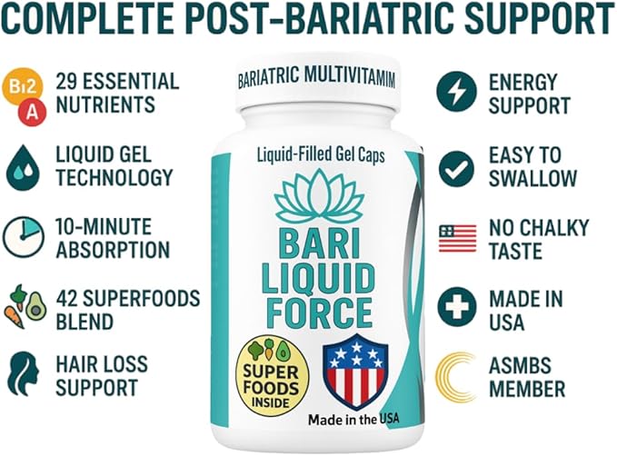 Bariatric Multivitamin with Iron – 2 Softgels Daily, Liquid-Filled Rapid-Absorption Softgels for Gastric Sleeve & Bypass Patients – Bari Liquid Force