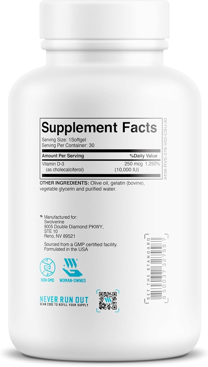 Swolverine Vitamin D3 | Healthy Muscle Function, Bone Health, Immune Support, Mood Support, 10000 IU Encapsulated in Olive Oil for Optimal Absorption (30 Soft Gels)
