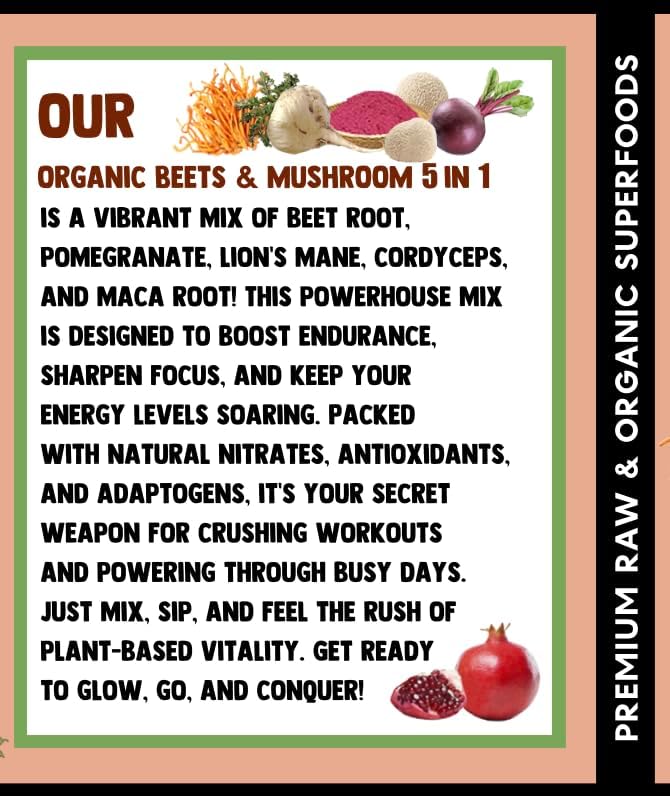 Cherie Sweet Heart Organic Beets & Mushroom 5 in 1, Beet Root Powder, Mushroom Powder Supplement, Beetroot with Pomegranate, Cordyceps, Lions Mane, Maca, USDA Organic, Gluten Free - 8 Oz Jar