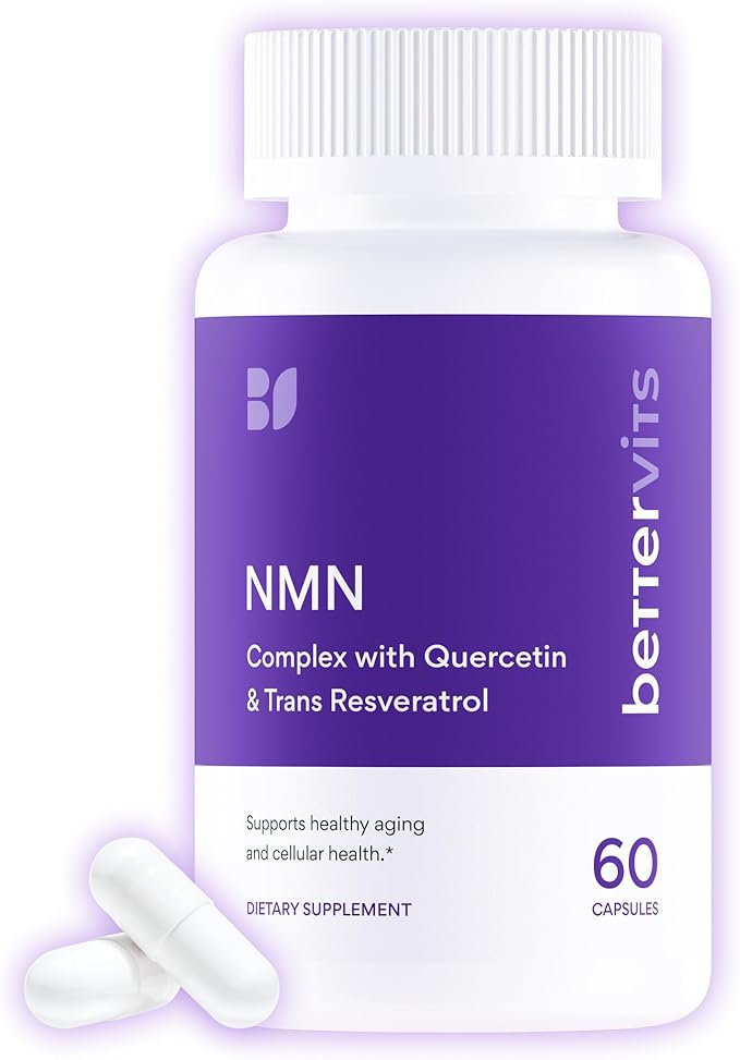 Bettervits NMN Supplement with Quercetin Powder| NAD+ Resveratrol Support Formula for Cells Regeneration, Energy and Anti-Aging Support | NAD Supplements for Women & Men - 60 Capsules