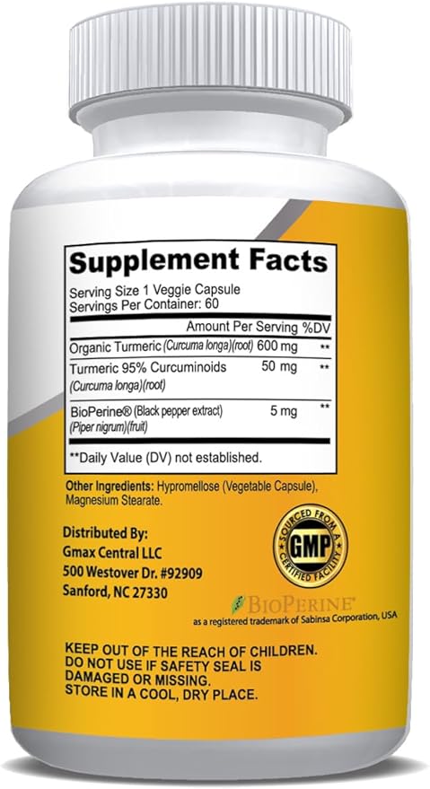 NusaPure Turmeric Curcumin 600 mg 60 Capsules Turmeric 95% Curcuminoids Dietary Supplement