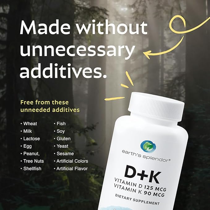 Earth's Splendor Vitamin D + K, 120 Capsules, Contains D 120mcg of Vitamin D3 and 90mcg Vitamin K2, 4 Month Supply