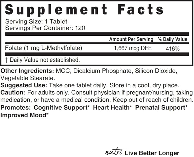 Nutri 5-MTHF L Methylfolate 1MG - 4 Month Supply, 120 Vegan Tablets - Methylated Folate Supplement - Cognitive Function, Heart Health, Prenatal Support - 3rd Party Tested - NSF Certified Facility