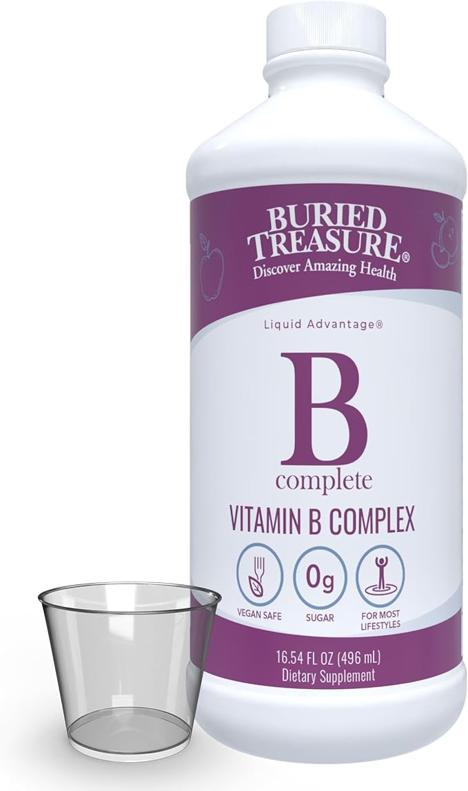 Buried Treasure B Complete - Liquid Vitamin B Complex with MethylCobalamin B12 & MethylFolate B9, Biotin, B1, B2,B3, B5, B6, Liquid & Sugar-Free, Women & Men, Dose Cup for Measuring