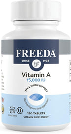 Freeda Vitamin A 15,000 IU – Retinyl Palmitate – Vegan, Kosher, No Fish – Eye, Vision, Immune & Skin Support – Tiny Easy-to-Swallow Tablets – VIT A Vitamina A Supplement – 250 Tablets