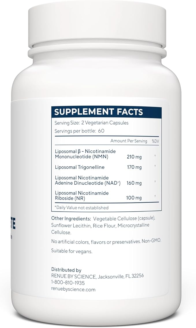 Renue By Science NAD+ Complete | 120 Liposomal NAD Supplement Capsules with NMN, NR & Trigonelline - 310mg NMN & 160mg NAD per Serving | Bioavailable Formula for Increased Absorption | Made in the USA