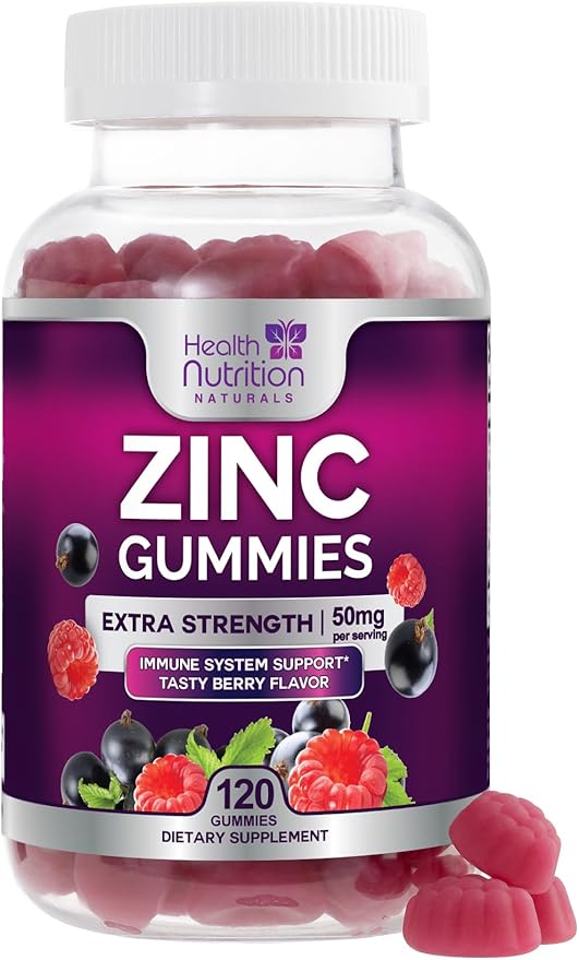 Zinc Gummies 50mg per Serving - Extra Strength Immune Support Antioxidant Gummy, Non-GMO & Gluten Free - Best Zinc Supplement for Skin Bone & Heart Health - Chewable Tasty Berry Flavor - 120 Gummies