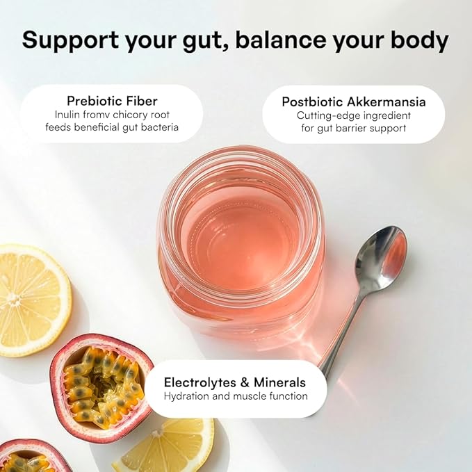 KEY NUTRIENTS Gut Health Hydration – Passionfruit Lemonade, Fiber Supplement with Prebiotic Fiber & Akkermansia Probiotics for Women and Men, Sugar Free Electrolytes Powder for Gut Health, 16 Servings