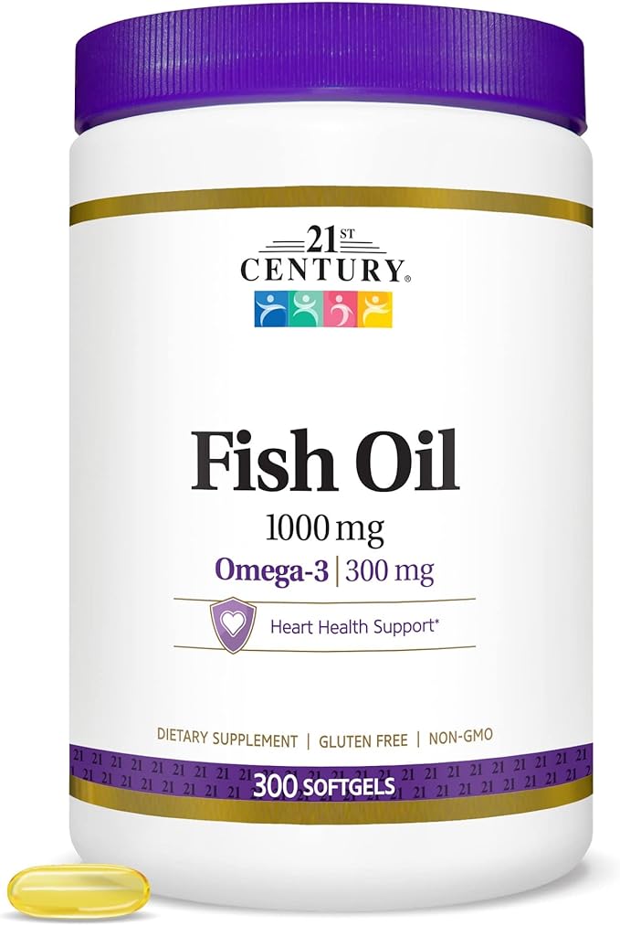 21st Century Fish Oil 1000 mg Softgels, (300 Count), Molecularly Distilled, Omega 3 Supplement with EPA & DHA, Purified to Eliminate Mercury, Supports Cardiovascular Health, Gluten Free & Non-GMO