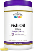 21st Century Fish Oil 1000 mg Softgels, (300 Count), Molecularly Distilled, Omega 3 Supplement with EPA & DHA, Purified to Eliminate Mercury, Supports Cardiovascular Health, Gluten Free & Non-GMO