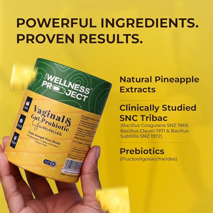 The Wellness Project Vaginal & Gut Probiotic + Prebiotic Gummies| Triple-Strength Clinically Studied Probiotics for Flora, Odor & pH Balance | No Added Sugars | Delicious Pineapple Flavor (Pack of 2)