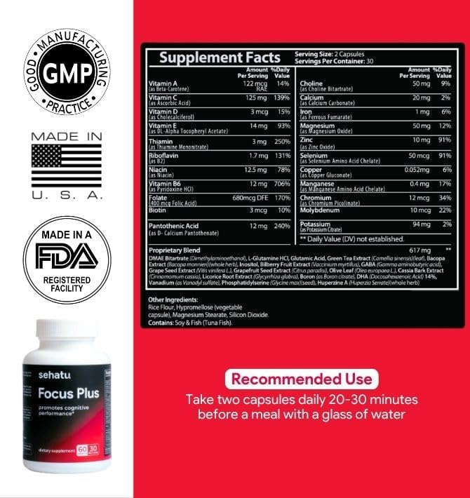 Focus Plus Cognitive Performance Enhancer | with N-Acetyl L-Tyrosine, DMAE Bitartrate, GABA, Glutamic Acid | Boosts Focus, Enhances Memory, Supports Brain Health | 60 Count | 30 Day Supply