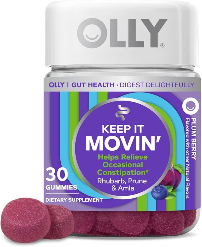 OLLY Keep it Movin' Gummy Supplement, Occasional Constipation Support,* Rhubarb, Prune, Amla Extracts - Plum Berry Flavored, 15 Day Supply - 30 Count