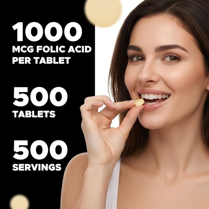 Folic Acid 1 mg (1000 mcg) (Vitamin B9) - 500 Vegetarian Tablets - an Essential Prenatal and Postnatal Vitamin