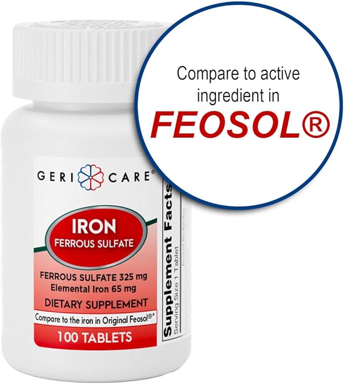 GeriCare Ferrous Sulfate Tablets 325mg, Elemental Iron 65 mg High Potency Iron Supplement | Dietary Supplement 100 Count. (Pack of 1)