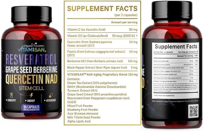 VITAMISAN Resveratrol with Quercetin, NAD+, Grape Seed, Berberine & CoQ10 – Antioxidant & Cellular Energy Support – 90 Capsules – Made in USA