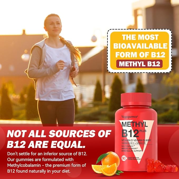 Vitamin B12 D3 Vegan Gummies - 90 Count I 1000 MCG Methyl B12 & 5000 IU Vitamin D Gummy Chewable Supplements for Adults & Kids - Immune Health & Daily Energy Boost - Non-GMO, Orange