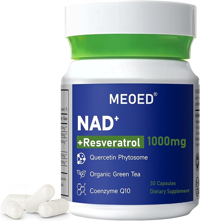 NAD+ Resveratrol Supplement 1000mg Extra Strength Liposomal with Trans Resveratrol, CoQ10, Quercetin and Organic Green Tea for Women and Men, Energy Supplements, 30 Vegan Capsules
