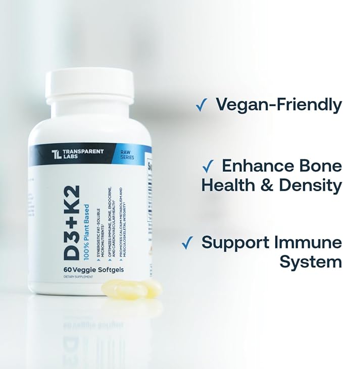 Transparent Labs Vitamin D3 K2 - Vitamin D & K2 Vitamin Supplement for Men & Women, Vegan-Friendly D3K2 5000 IU Supplements to Support Bone, Immune, and Overall Health - K2 D3 60 Capsules