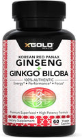 X Gold Health Korean Red Panax Ginseng + Ginkgo Biloba – 7% Ginsenosides Extra Strength – Energy, Memory, Focus & Brain Support – Premium Supplement for Men & Women – Non-GMO, 60 Vegan Capsules