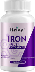 Heivy Ferrous Sulfate 325mg with Vitamin C (65 mg Elemental Iron), Non-Constipating 240 Vegan Tablets (8 Month Supply) Iron Supplement for Women - Non-GMO, Vegan - Made in USA