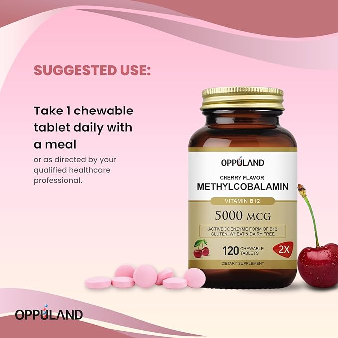 Methyl B-12 5000mcg Chewable with Folate - Vitamin B12 Methylcobalamin Sublingual Tablets - Supports Energy & Brain Function - Vegan Supplement - Cherry Flavor - 120 Count