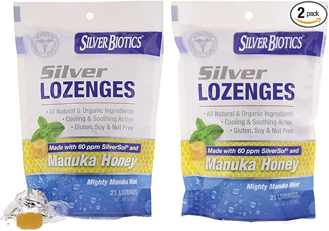 American Biotech Labs Silver Biotics Silver Lozenges w/60ppm SilverSol and Manuka Honey, Mighty Manuka Mint (21 Count) (2 Pack)