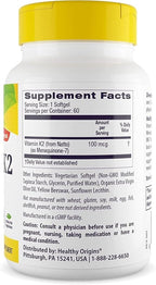 Healthy Origins Vitamin K2 100 mcg (MK-7, Non-GMO, Gluten Free, Cardiovascaular Support, Bone Support), 60 Veggie Gels