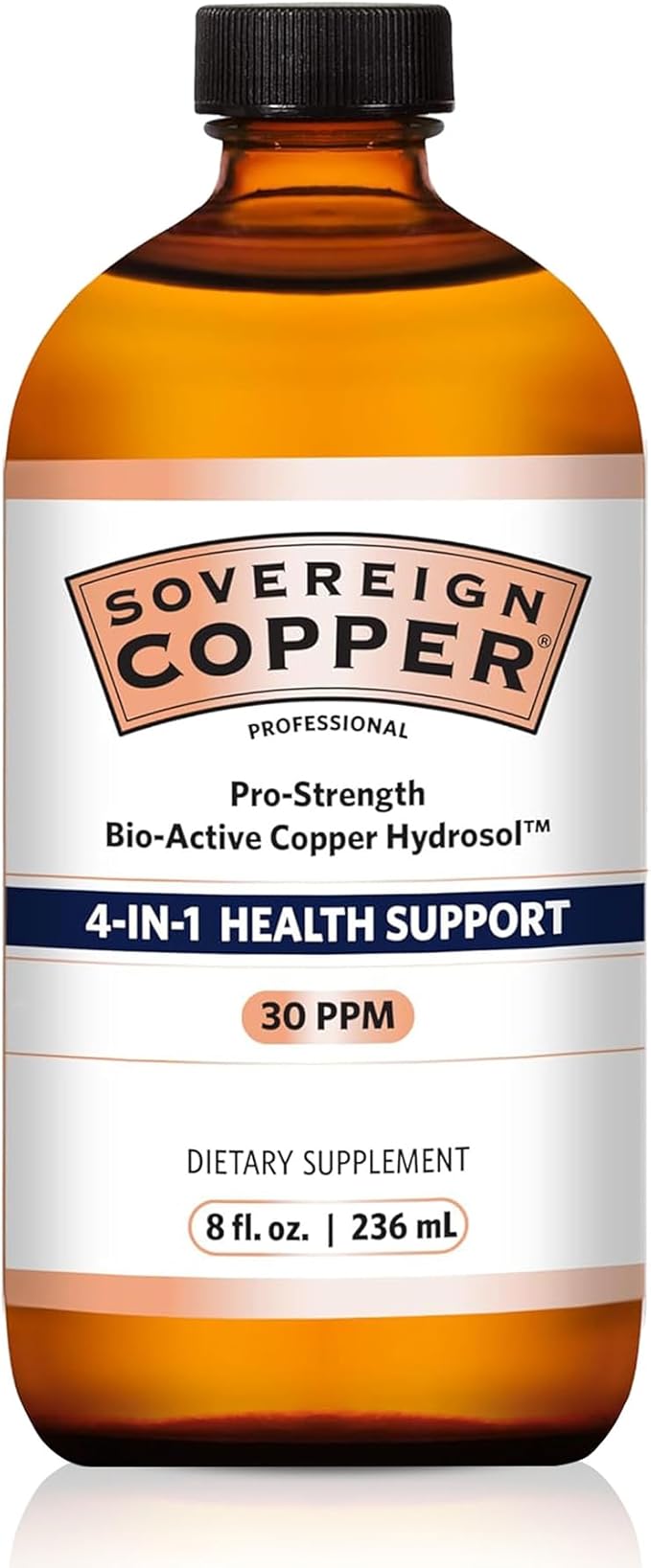 Sovereign Copper Pro-Strength Bio-Active Copper Hydrosol - Bioavailable Liquid Supplement for Adults & Kids w/Silver Hydrosol for Hair, Skin, & Nails, 30ppm - 8 fl oz (237mL)