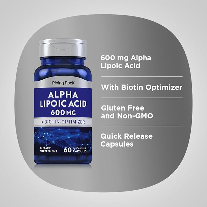 Piping Rock Alpha Lipoic Acid 600mg | ALA with Biotin Optimizer | 60 Capsules | Non-GMO, Gluten Free Supplement