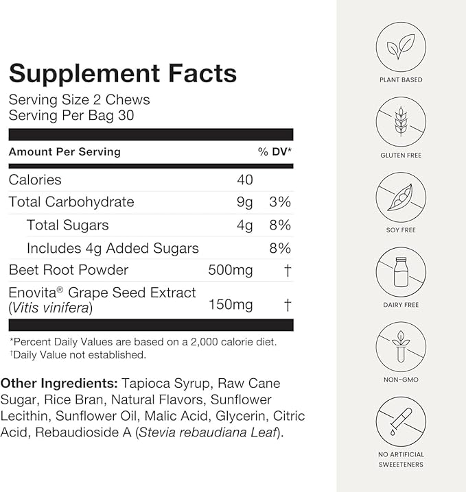 Beet Root Heart Chews, Nitric Oxide and Blood Pressure Support, Grape Seed Extract & Non-GMO Beet Root Powder Energy Supplement, Pomegranate Berry Flavor, 60 Count