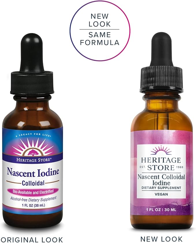 Heritage Store Nascent Colloidal Iodine Drops 246mcg, Liquid Supplement with Nascent Iodine from Atlantic Kelp, Bioavailable, Vegan, Approx. 480 Servings, 1oz