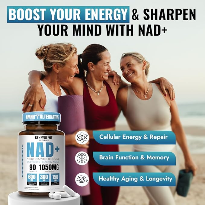 Benevolent NAD+ Supplement 1050mg, Max Absorption 3in1 NAD Supplements for Women & Men with Nicotinamide Riboside, Trans-Resveratrol & TMG, NAD Plus for Cellular Energy, Brain Support & Aging, 90 Caps