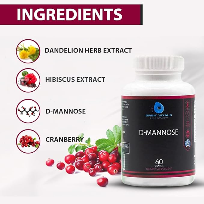 D-Mannose with Cranberry, Dandelion & Hibiscus Extract - Aids in Bladder, Urinary Tract Support, Flush Impurities - Ultra Absorption Gluten Free & Non GMO | 60 Capsules