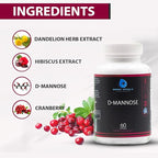 D-Mannose with Cranberry, Dandelion & Hibiscus Extract - Aids in Bladder, Urinary Tract Support, Flush Impurities - Ultra Absorption Gluten Free & Non GMO | 60 Capsules