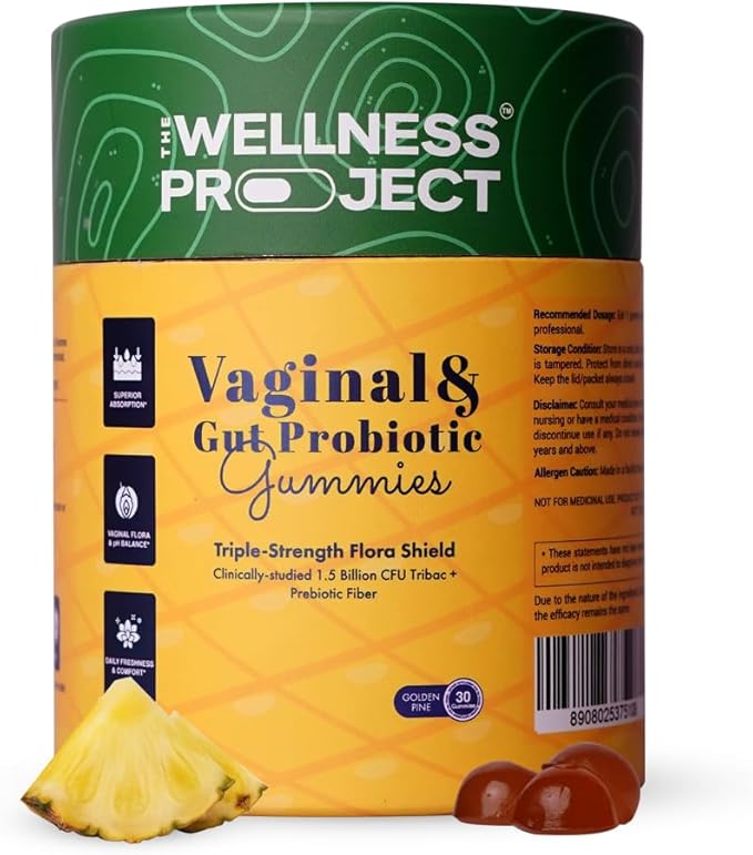 The Wellness Project Vaginal & Gut Probiotic + Prebiotic Gummies| Triple-Strength Clinically Studied Probiotics for Healthy Flora, Odor & pH Balance | No Added Sugars | Delicious Pineapple Flavor