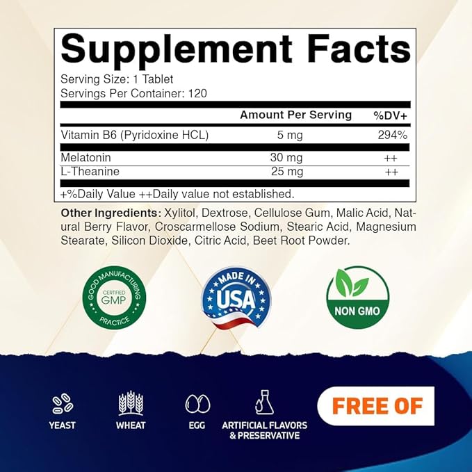 Vitamatic Melatonin 30 mg - with B6 & L-Theanine - 120 Fast Dissolve Tablets with Natural Berry Flavor (2 Tablets Dose = Melatonin 60 mg) (120 Count (Pack of 1))