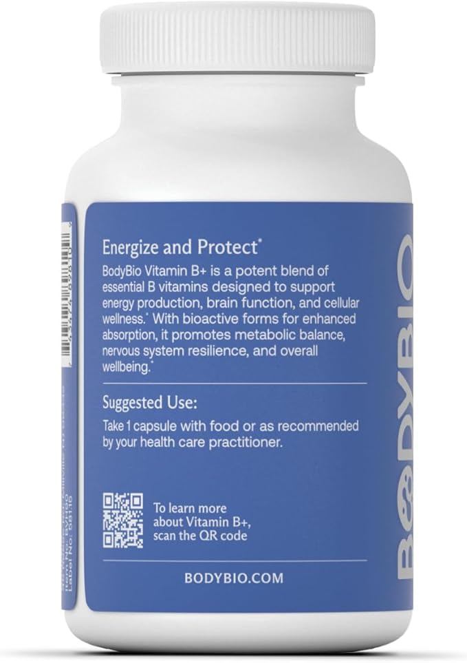 BodyBio - Vitamin B Complex Including B1, B2, B3, B5, B6, Methyl B12, Folinic Acid, 5-MTHF, and B7 to Supports Alertness, Metabolism & Immune System, 90 Capsules