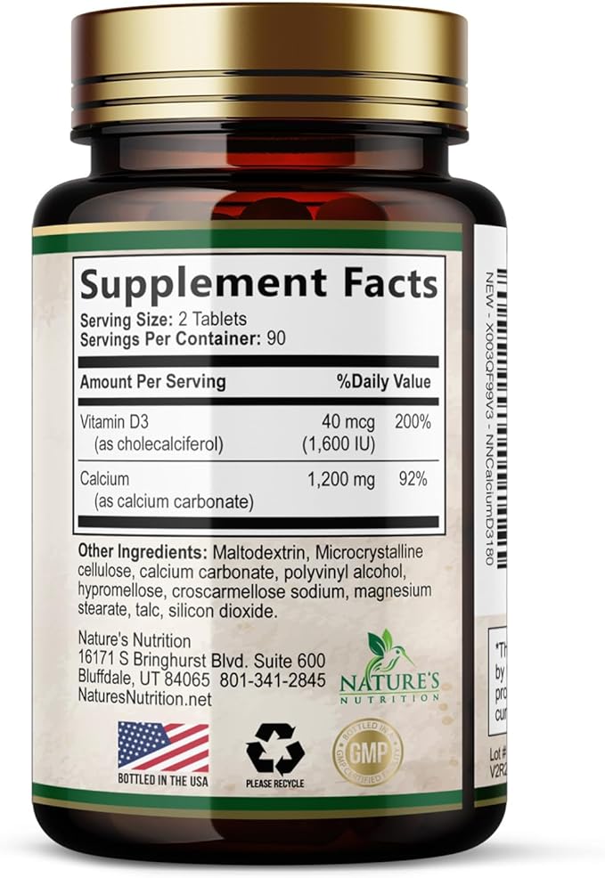 Calcium 1200 mg with Vitamin D3 Per Serving - Bone Health Supplement, Vitamin D & Calcium Supplements for Women & Men - Bone, Teeth & Immune Support, Nature's Calcium Pills, USA Bottled - 180 Tablets