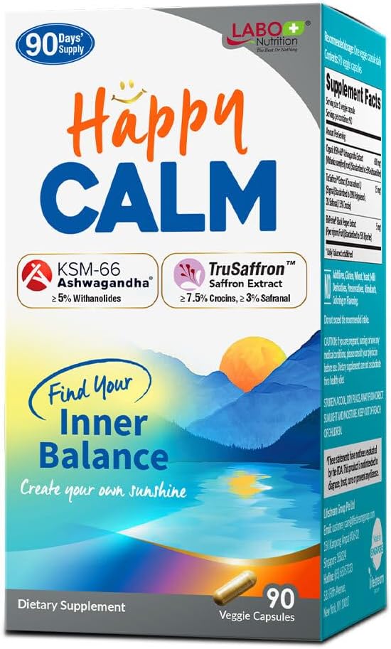 LABO Nutrition Happy Calm with KSM-66 Ashwagandha 5% Withanolides, Saffron Extract and Black Pepper Extract for Stress Relief, Energy, Quality Sleep & Relaxation, Non GMO 90 Veggie Capsules