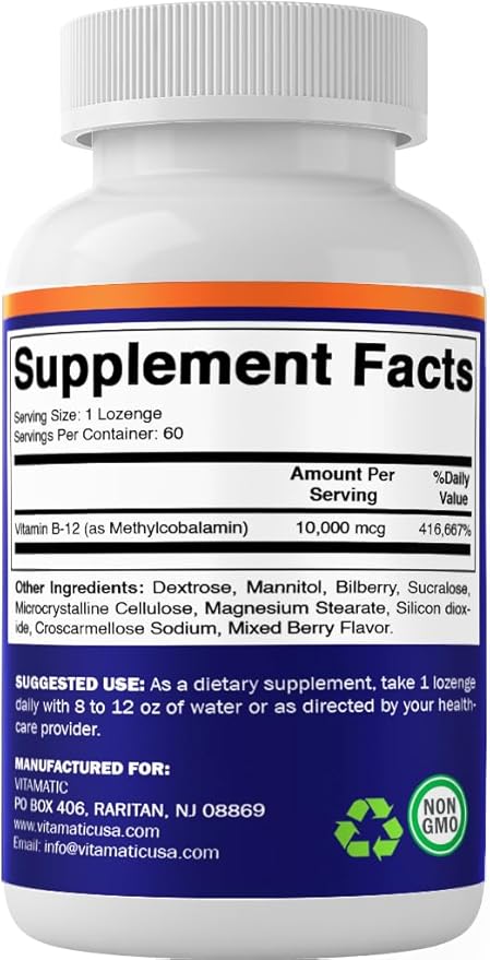Vitamatic Methyl Vitamin B12 (Methylcobalamin) 10,000 mcg (10mg) 60 Lozenges - Superior Source of Vitamin B12 (2 Pack)