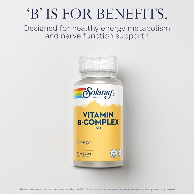 SOLARAY Vitamin B Complex 50 mg - Cellular Energy Vitamins - Metabolism and Nerve Health Support with Vitamin B12, Vitamin B1, B6, Niacin, Folic Acid, Biotin and Other B Vitamins - Vegan, 50 VegCaps
