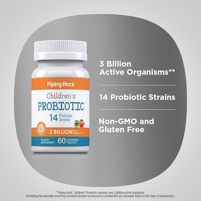 Piping Rock Children's Probiotic Chewable Tablets 14 Strains | 3 Billion CFU | 60 Count | Supplement Blend for Kids | Berry Flavor | Vegetarian, Non-GMO, Gluten Free