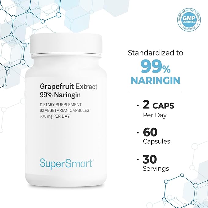 Supersmart - Grapefruit Extract 600mg per Day (99% Naringin) - High Potency GSE Supplement | Non-GMO & Gluten Free - 60 Vegetarian Capsules