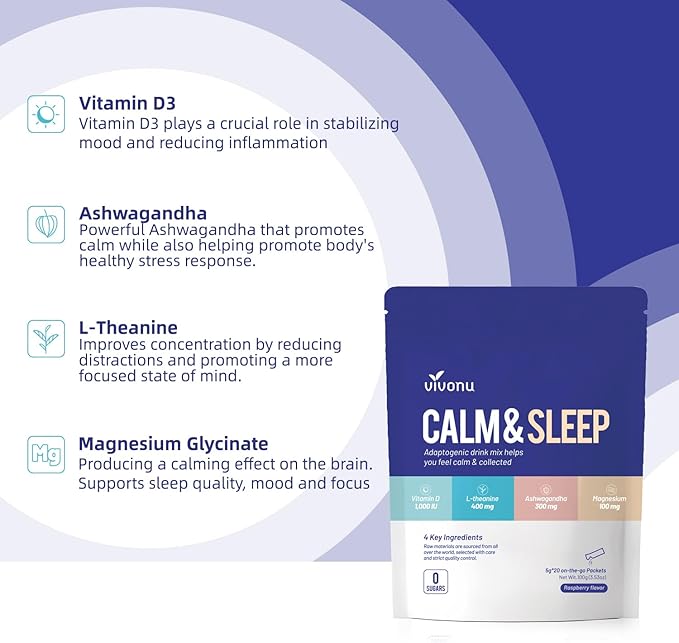 VivoNu Calm & Sleep Powdered Drink Mix Raspberry L Theanine Ksm-66 Ashwagandha Magnesium Glycinate Vitamin D 3 Supplements for Relaxation & Focus (VSC_M7)