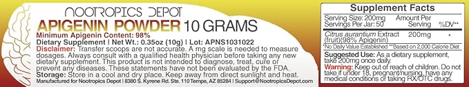 Apigenin Powder | 10 Grams | 50 Servings | >98% Apigenin | Supports Healthy Stress Levels | Nootropics Depot