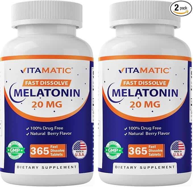 Vitamatic Melatonin 20 mg Tablets | Vegetarian, Non-GMO, Gluten Free | 1 Year Supply | Natural Berry Flavor - 365 Tablets (Pack of 2)