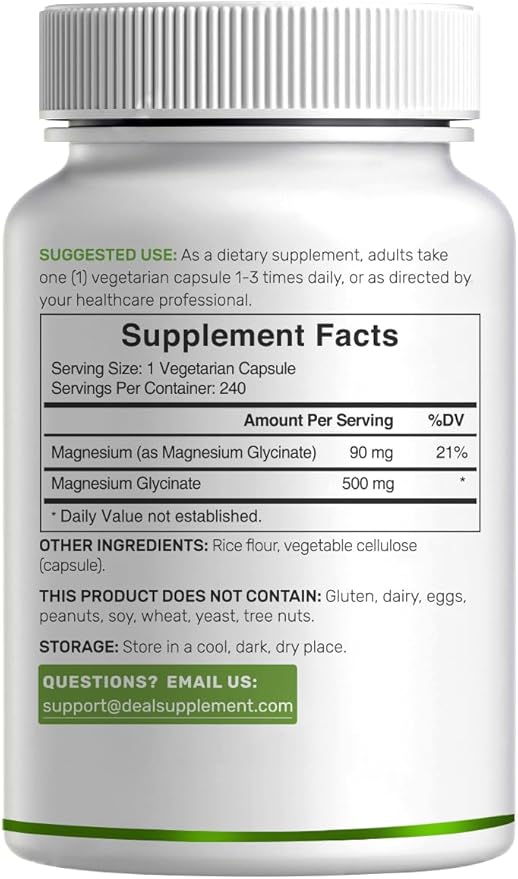Deal Supplement Magnesium Glycinate 500mg, 480 Veggie Capsules | 100% Chelated for Easy Absorption | Essential Mineral Supplement | Non-GMO, Gluten-Free