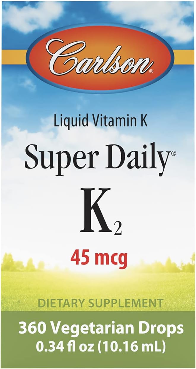 Carlson - Super Daily K2, 45 mcg Liquid Vitamin K, Bone Health, K2 Vitamin, Vitamin K Supplement, Vitamin K-2 MK7, Unflavored, 360 Drops (10.16 mL)